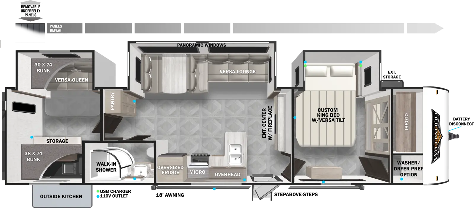 The 33TS has three slideouts and one entry. Exterior features include an outside kitchen, 18 foot awning, step above front entry steps, front exterior storage, battery disconnect, and removable underbelly panels. Interior layout front to back: closet, optional washer/dryer prep, off-door side custom versa-tilt king bed slideout, and door side dresser; entertainment center with fireplace along inner wall; off-door side slideout with versa lounge/dinette, and panoramic windows; door side entry, peninsula kitchen counter with sink, overhead cabinet, microwave, and oversized refrigerator; off-door side pantry; door side full bathroom with walk-in shower; rear bunk room with off-door side slideout with bunk above and versa queen below, and door side bunk with storage below.